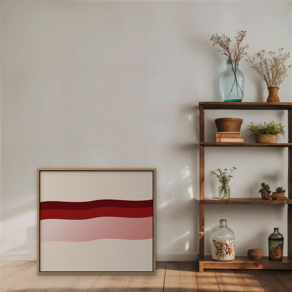 Burgundy Waves Canvas Art - Horizontal – Oak Floating Frame in room setting