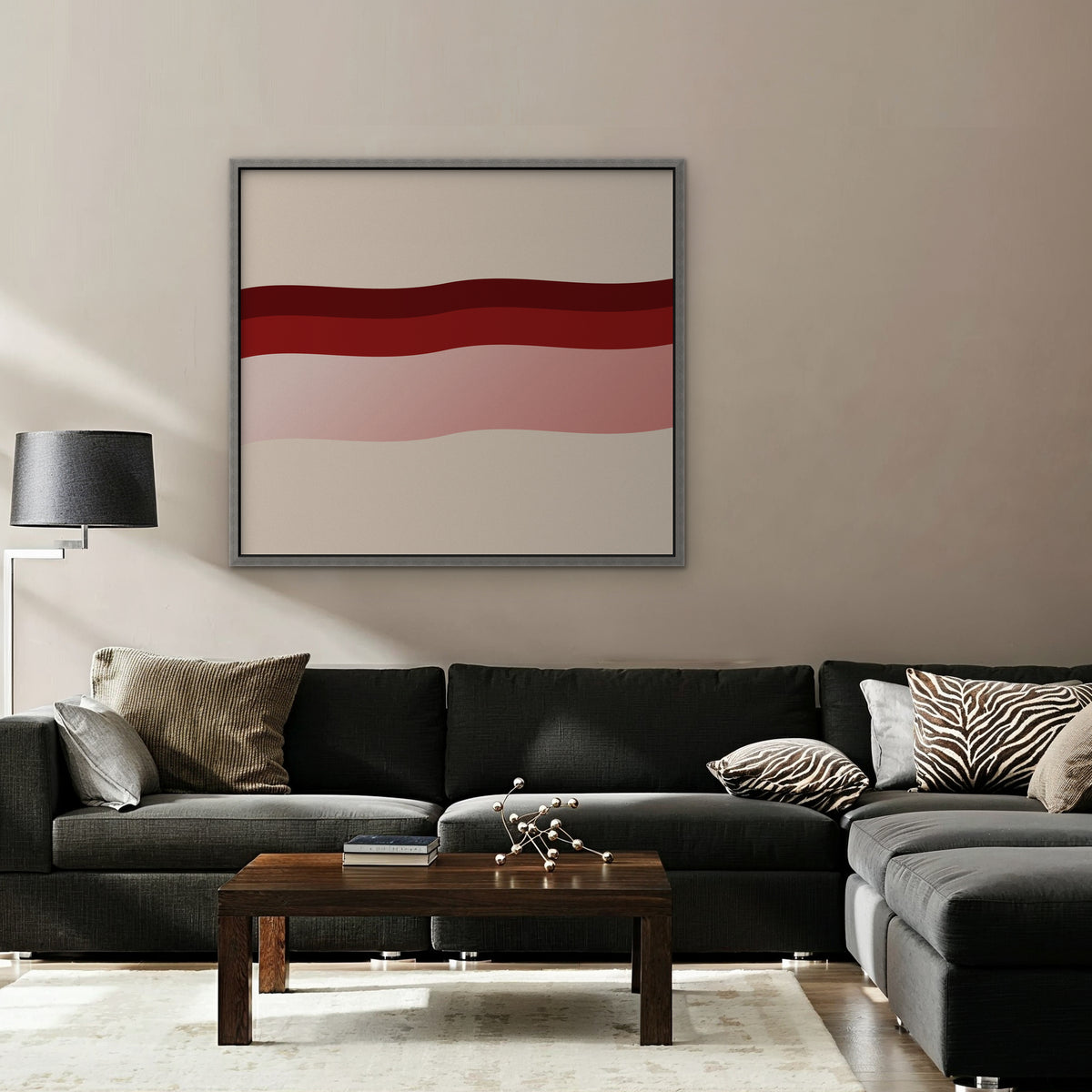 Burgundy Waves Canvas Art - Horizontal – Silver Floating Frame in room setting