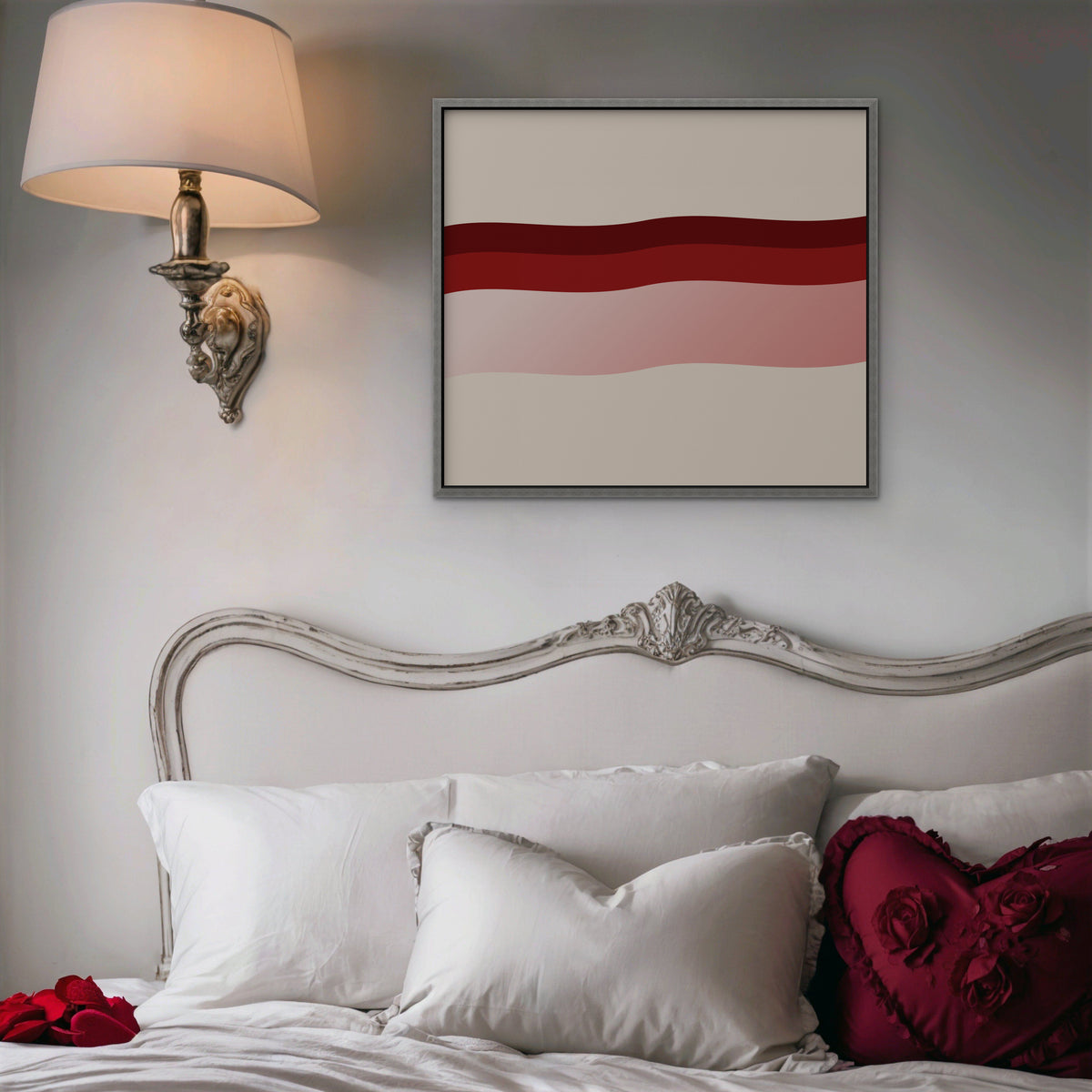 Burgundy Waves Canvas Art - Horizontal – Silver Floating Frame in room setting
