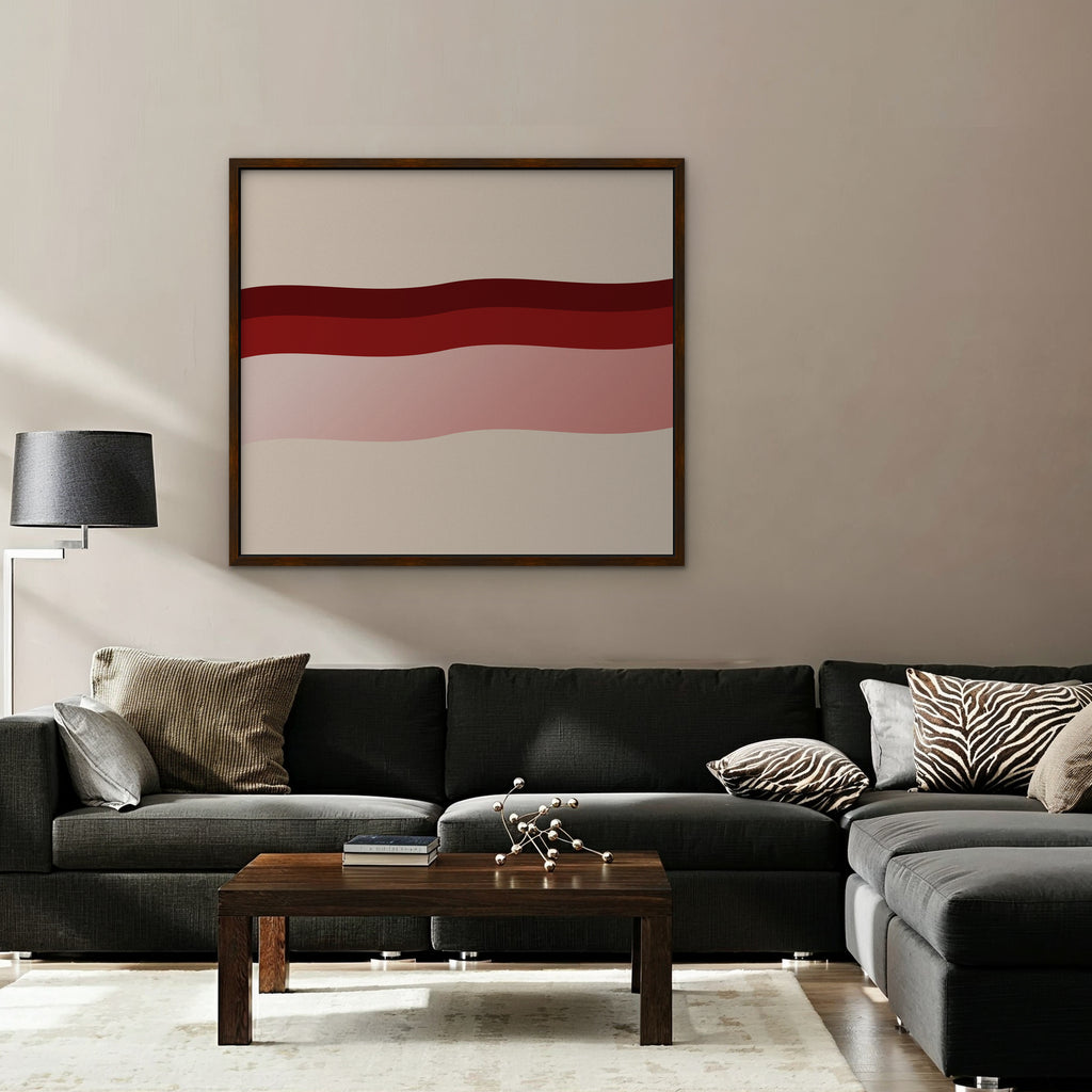 Burgundy Waves Canvas Art - Horizontal – Walnut Floating Frame in room setting