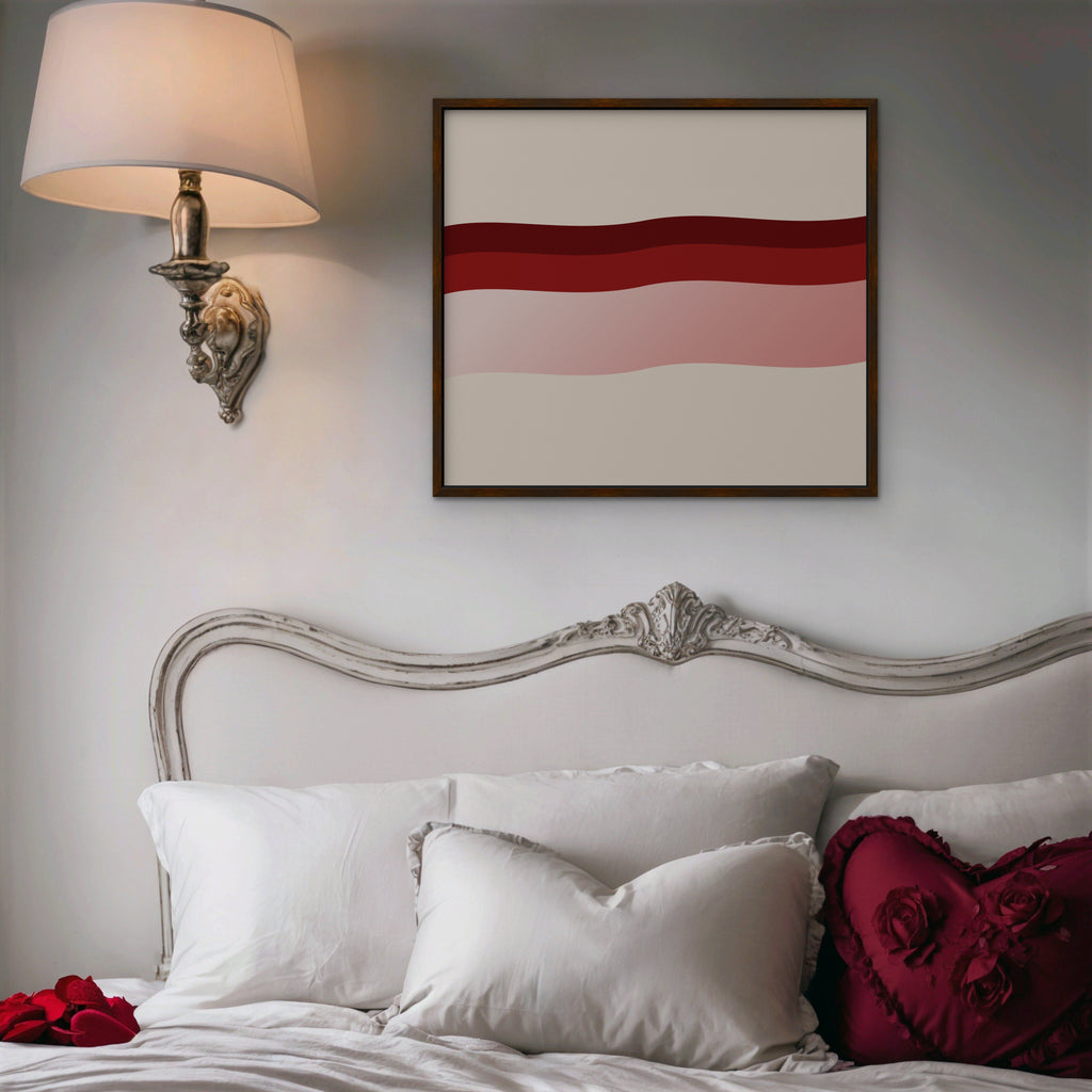 Burgundy Waves Canvas Art - Horizontal – Walnut Floating Frame in room setting