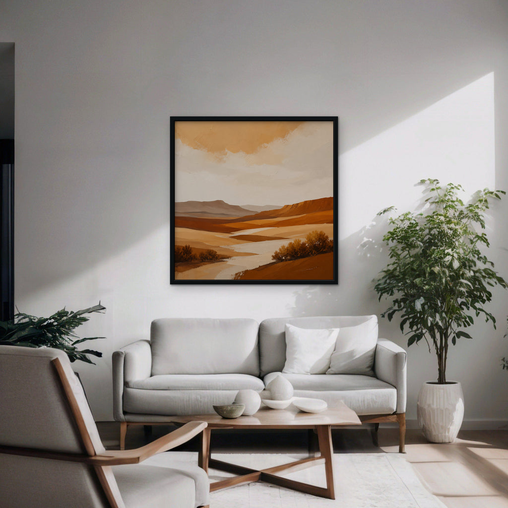 Burnt Orange Valley Canvas Art – square burnt orange desert landscape print in a black floating frame in a modern living room