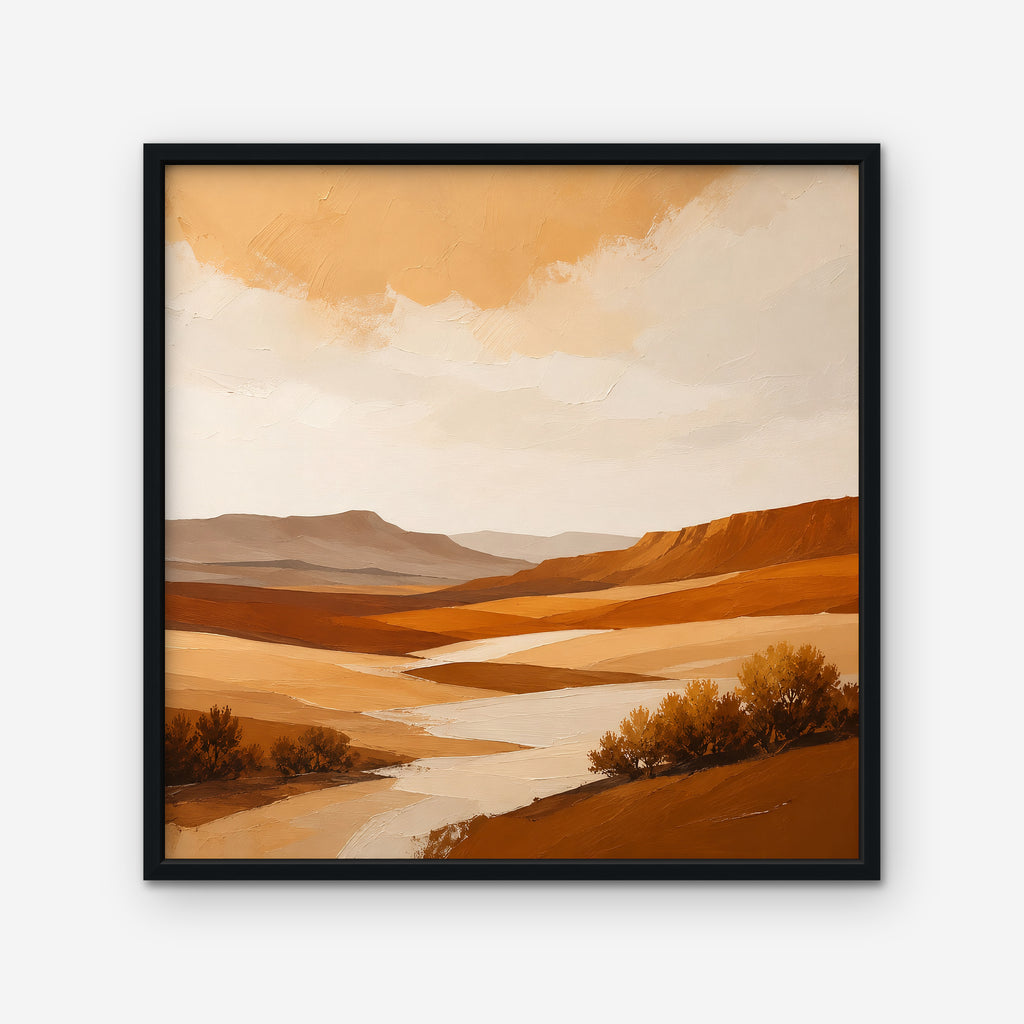 Burnt Orange Valley Canvas Art – square burnt orange desert landscape print in a black floating frame on a white background