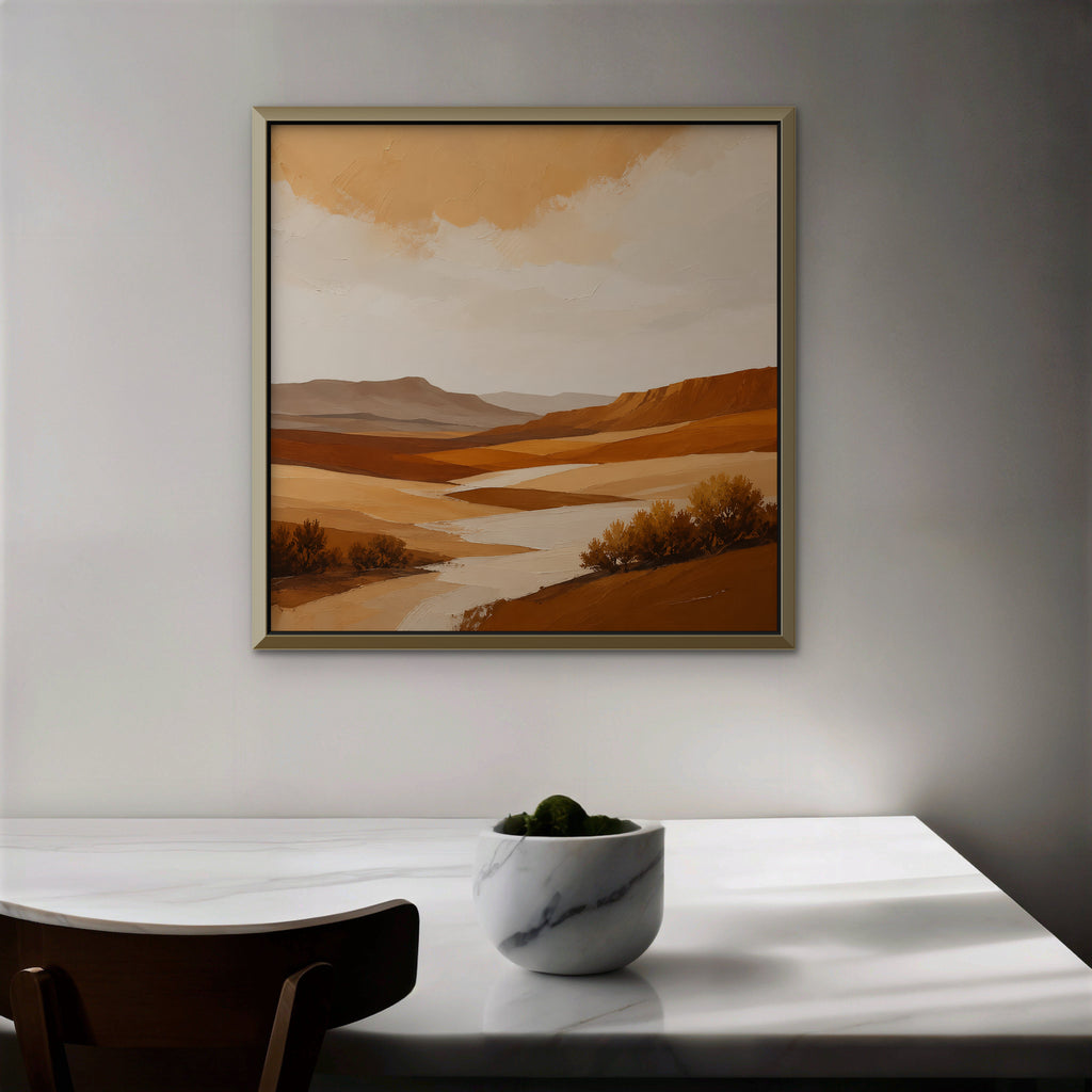 Burnt Orange Valley Canvas Art – square burnt orange desert landscape print in a gold floating frame in a dining room