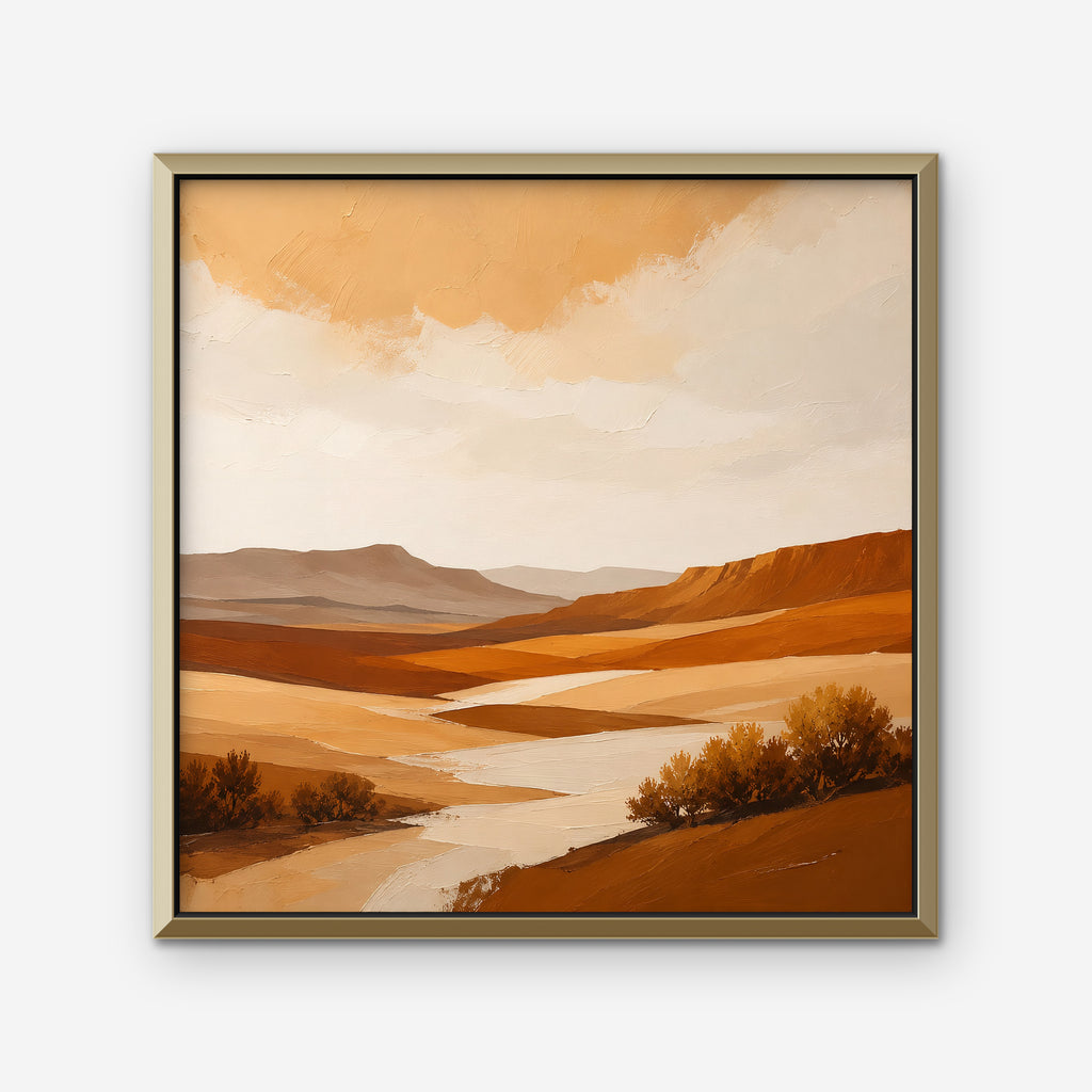 Burnt Orange Valley Canvas Art – square burnt orange desert landscape print in a gold floating frame on a white background