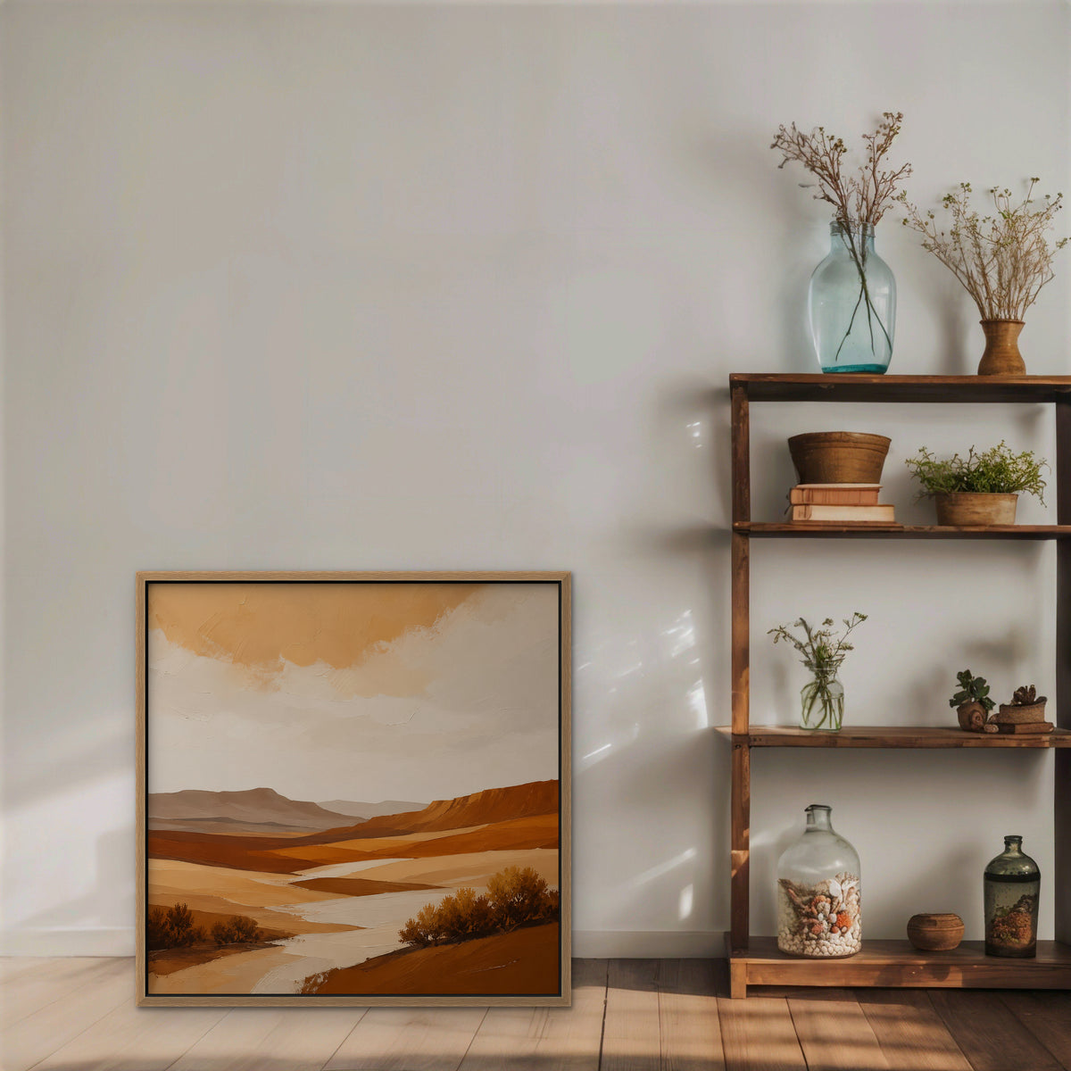 Burnt Orange Valley Canvas Art – square burnt orange desert landscape print in an oak floating frame styled on a shelf