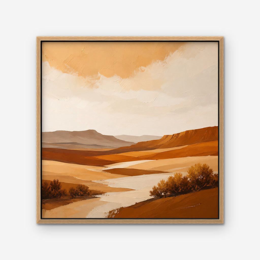 Burnt Orange Valley Canvas Art – square burnt orange desert landscape print in an oak floating frame on a white background