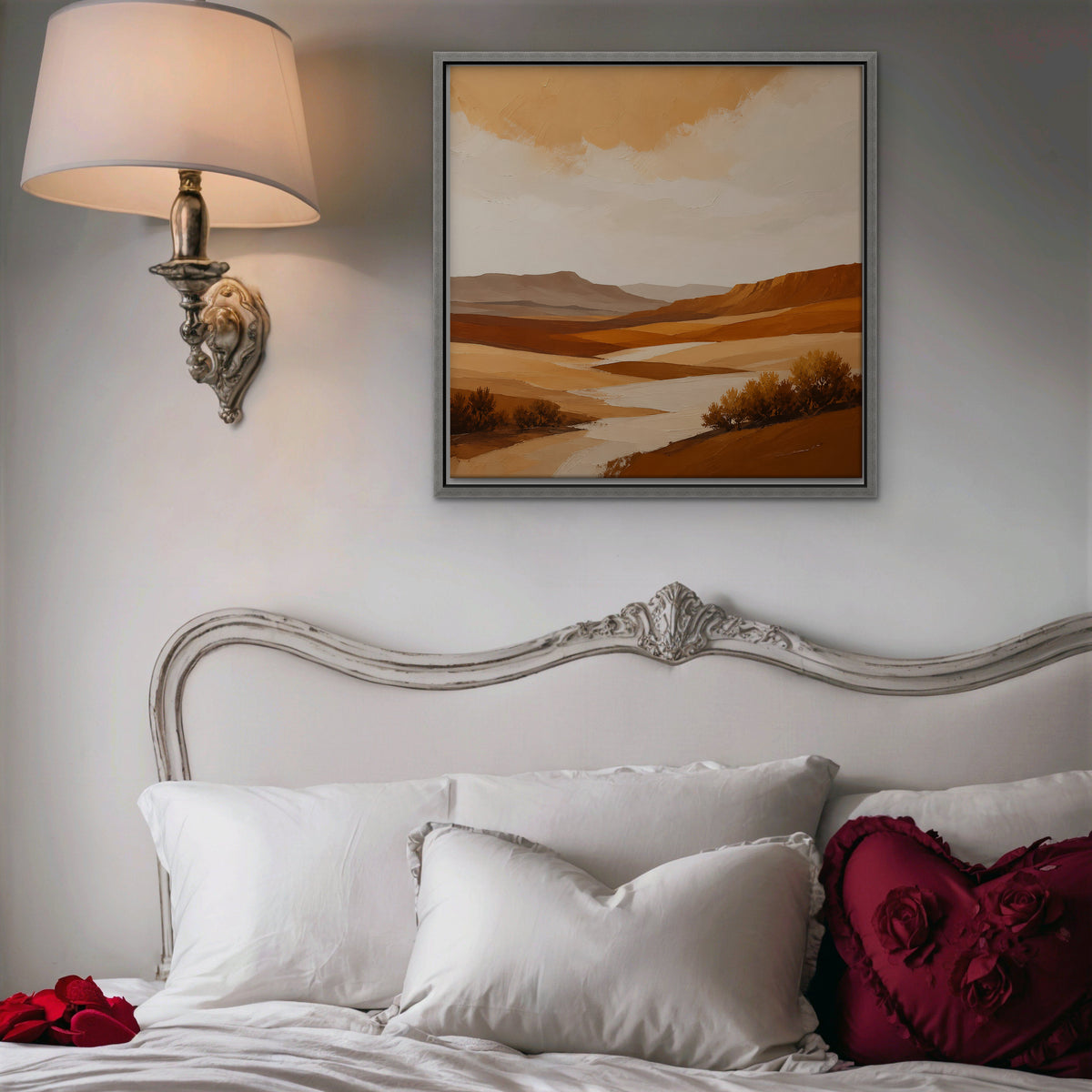 Burnt Orange Valley Canvas Art - Square – Silver Floating Frame in room setting