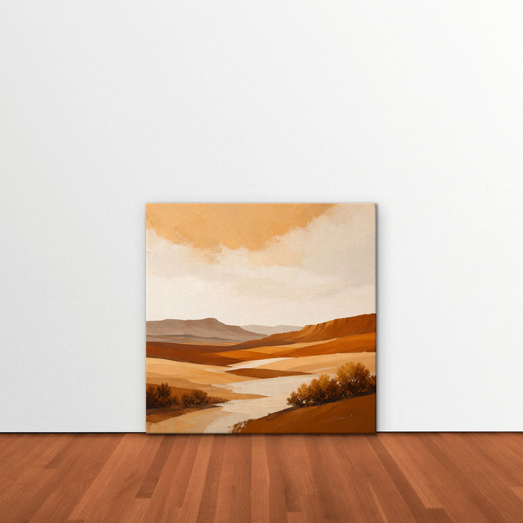 Burnt Orange Valley Canvas Art – square burnt orange desert landscape print as a gallery-wrapped canvas leaning against a white wall