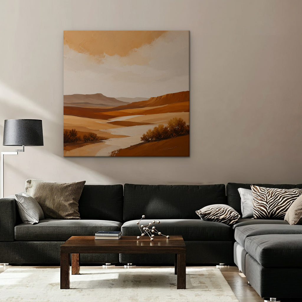 Burnt Orange Valley Canvas Art – square burnt orange desert landscape print as a gallery-wrapped canvas in a taupe living room