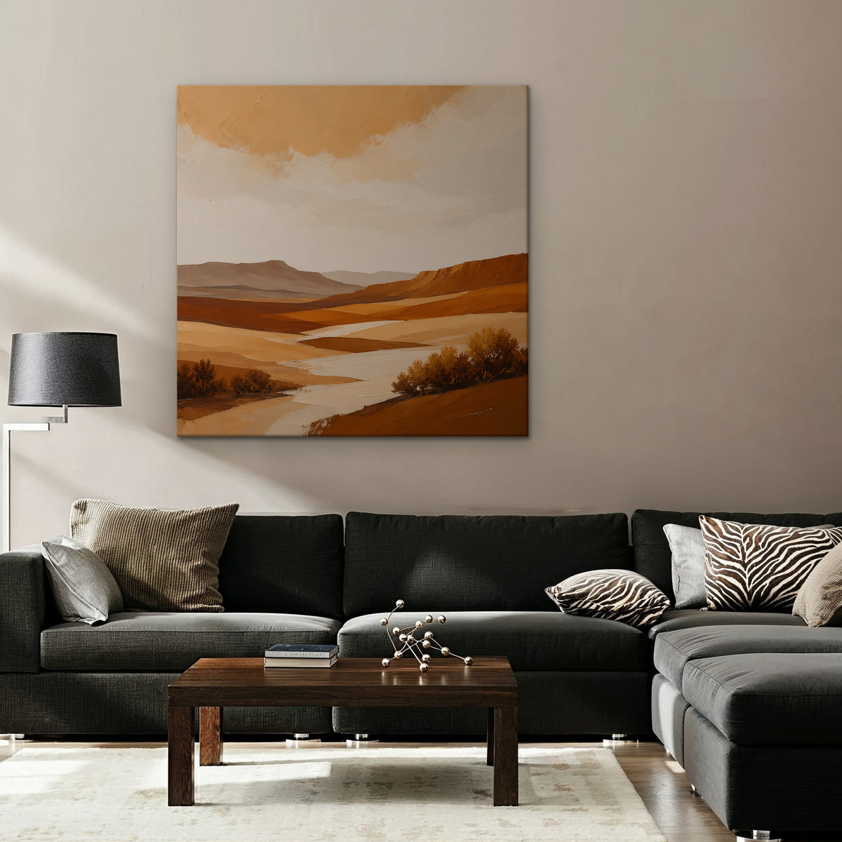 Burnt Orange Valley Canvas Art – square burnt orange desert landscape print as a gallery-wrapped canvas in a taupe living room