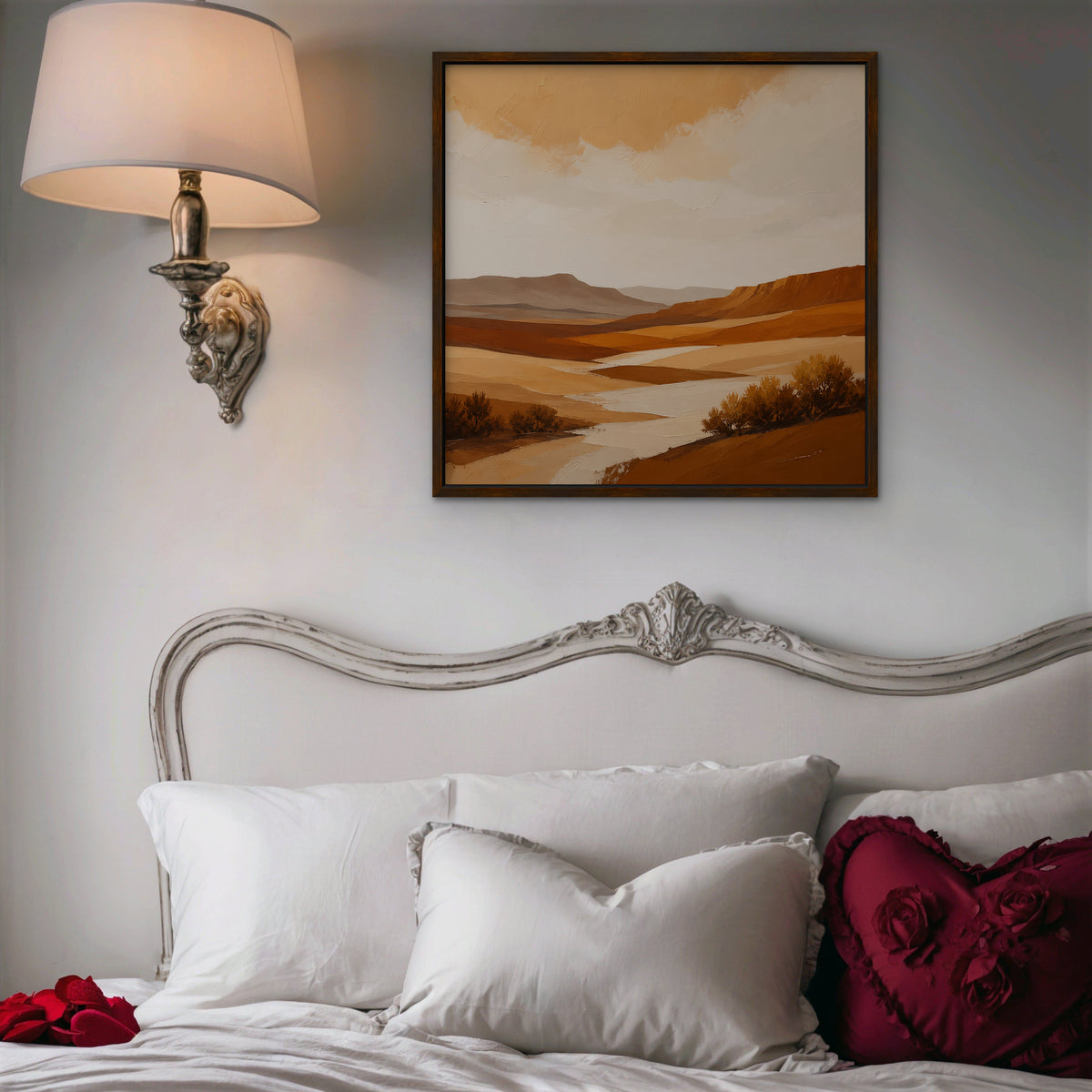 Burnt Orange Valley Canvas Art – square burnt orange desert landscape print in a walnut floating frame in a bedroom