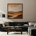 Burnt Orange Valley Canvas Art – square burnt orange desert landscape print in a walnut floating frame in a taupe living room