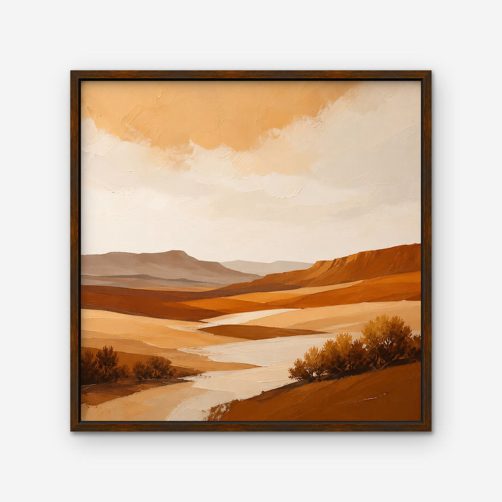 Burnt Orange Valley Canvas Art – square burnt orange desert landscape print in a walnut floating frame on a white background