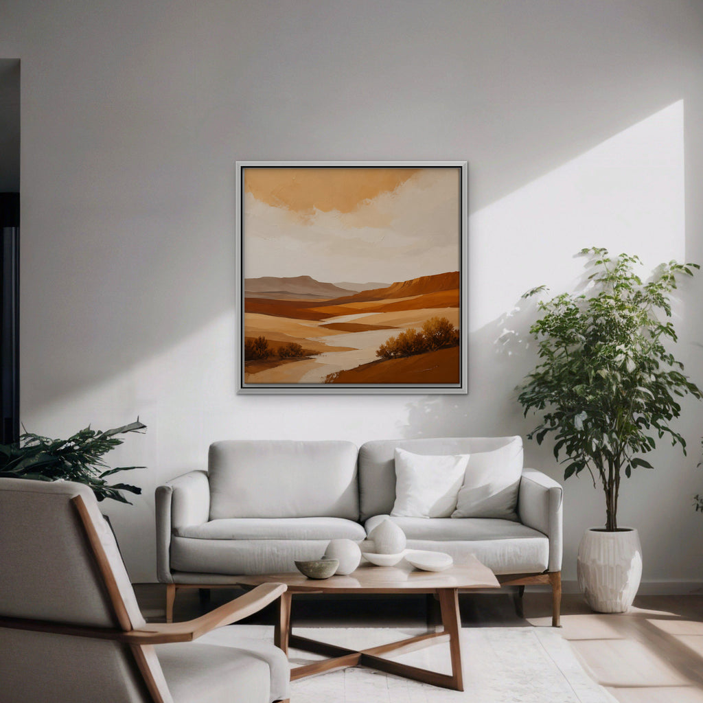 Burnt Orange Valley Canvas Art - Square – White Floating Frame in room setting