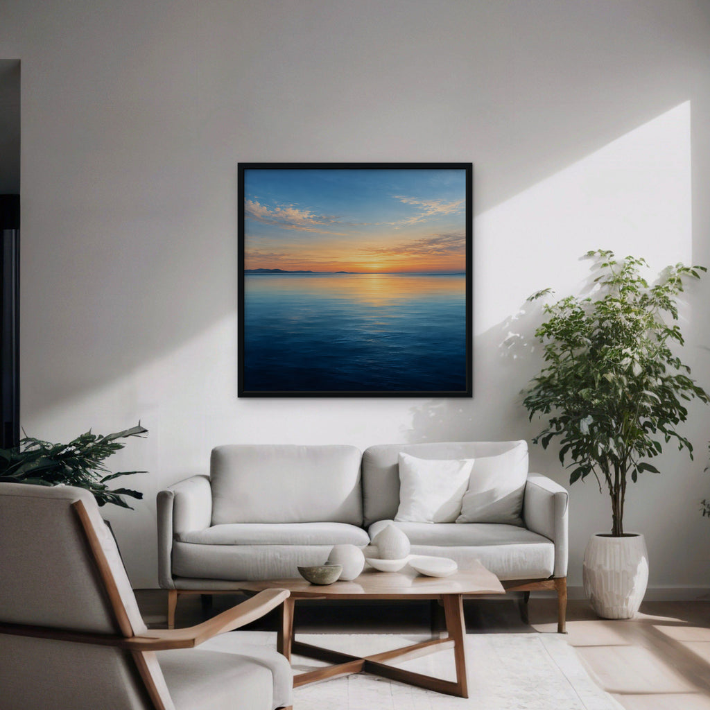 Calm Sea Sunset Canvas Art - Square – Black Floating Frame in room setting