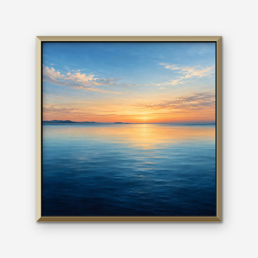 Calm Sea Sunset Canvas Art - Square – Gold Floating Frame on white background