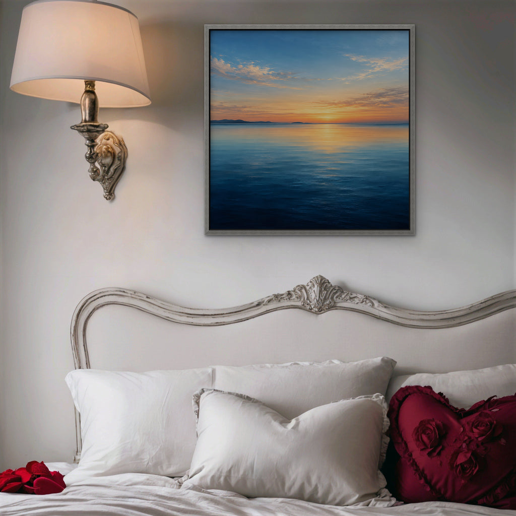 Calm Sea Sunset Canvas Art - Square – Silver Floating Frame in room setting