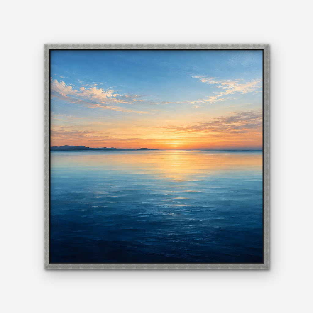Calm Sea Sunset Canvas Art - Square – Silver Floating Frame on white background