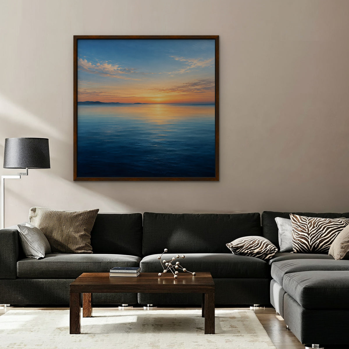 Calm Sea Sunset Canvas Art - Square – Walnut Floating Frame in room setting