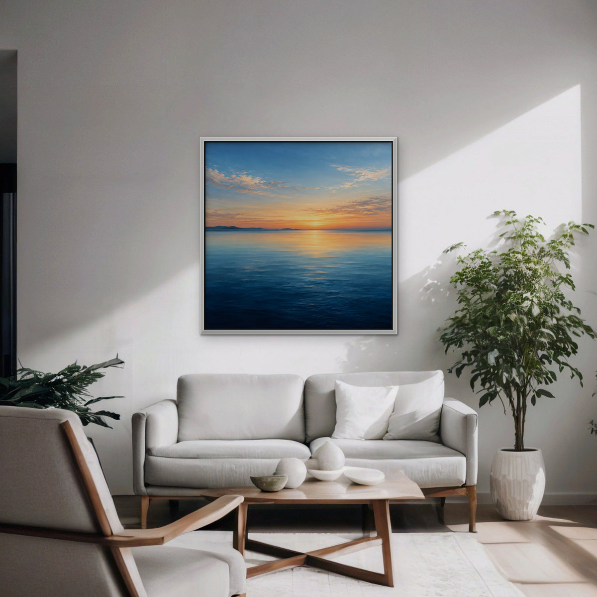 Calm Sea Sunset Canvas Art - Square – White Floating Frame in room setting