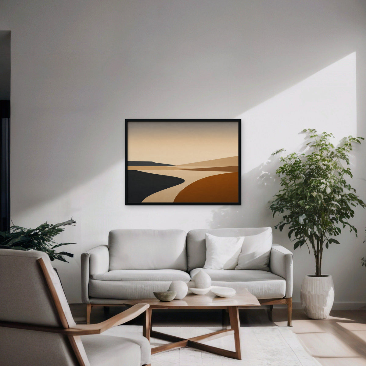 Caramel Desert Road Canvas Art – horizontal minimalist desert landscape print in a black floating frame in a modern living room