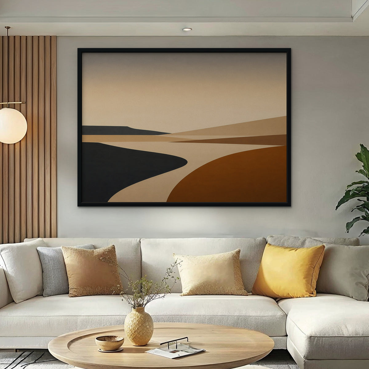 Caramel Desert Road Canvas Art – horizontal minimalist desert landscape print in a black floating frame in a bright living room