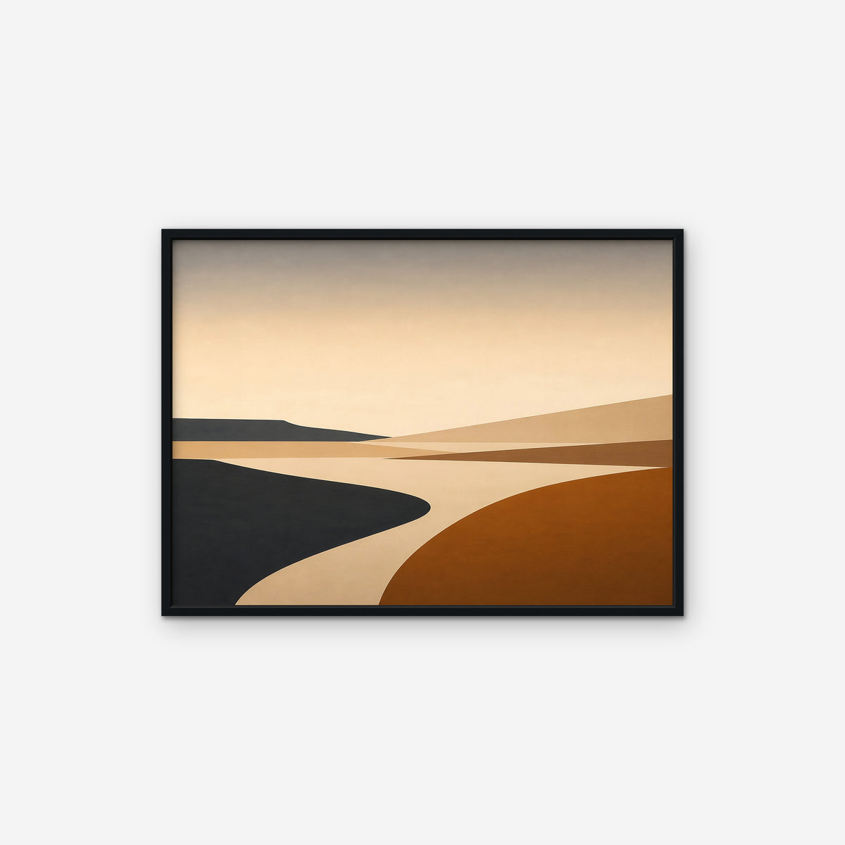 Caramel Desert Road Canvas Art – horizontal minimalist desert landscape print in a black floating frame on a white background
