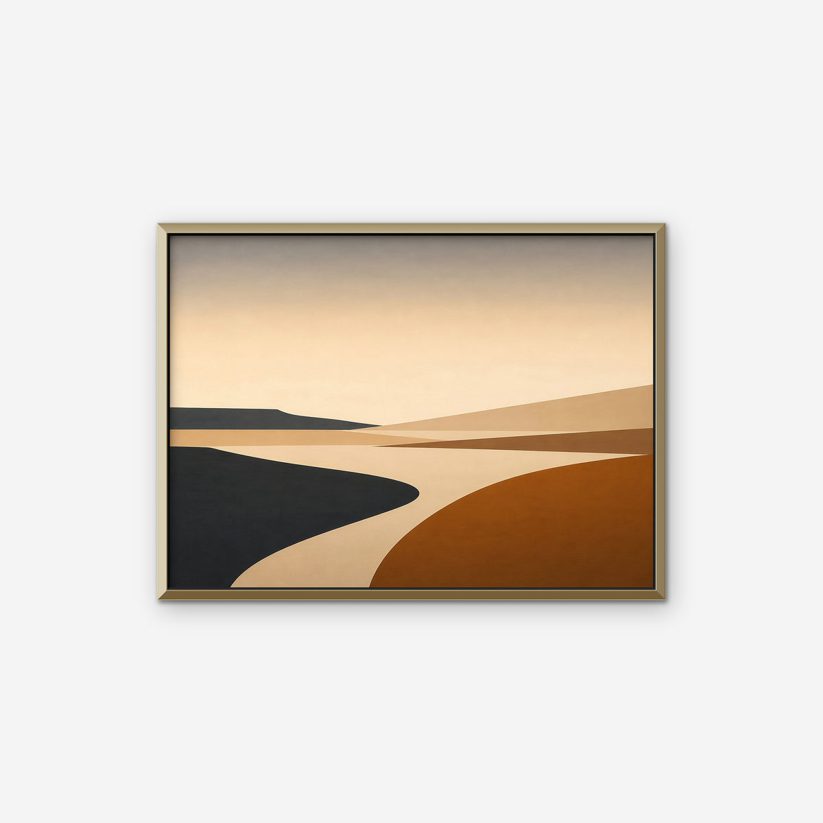 Caramel Desert Road Canvas Art – horizontal minimalist desert landscape print in a gold floating frame on a white background