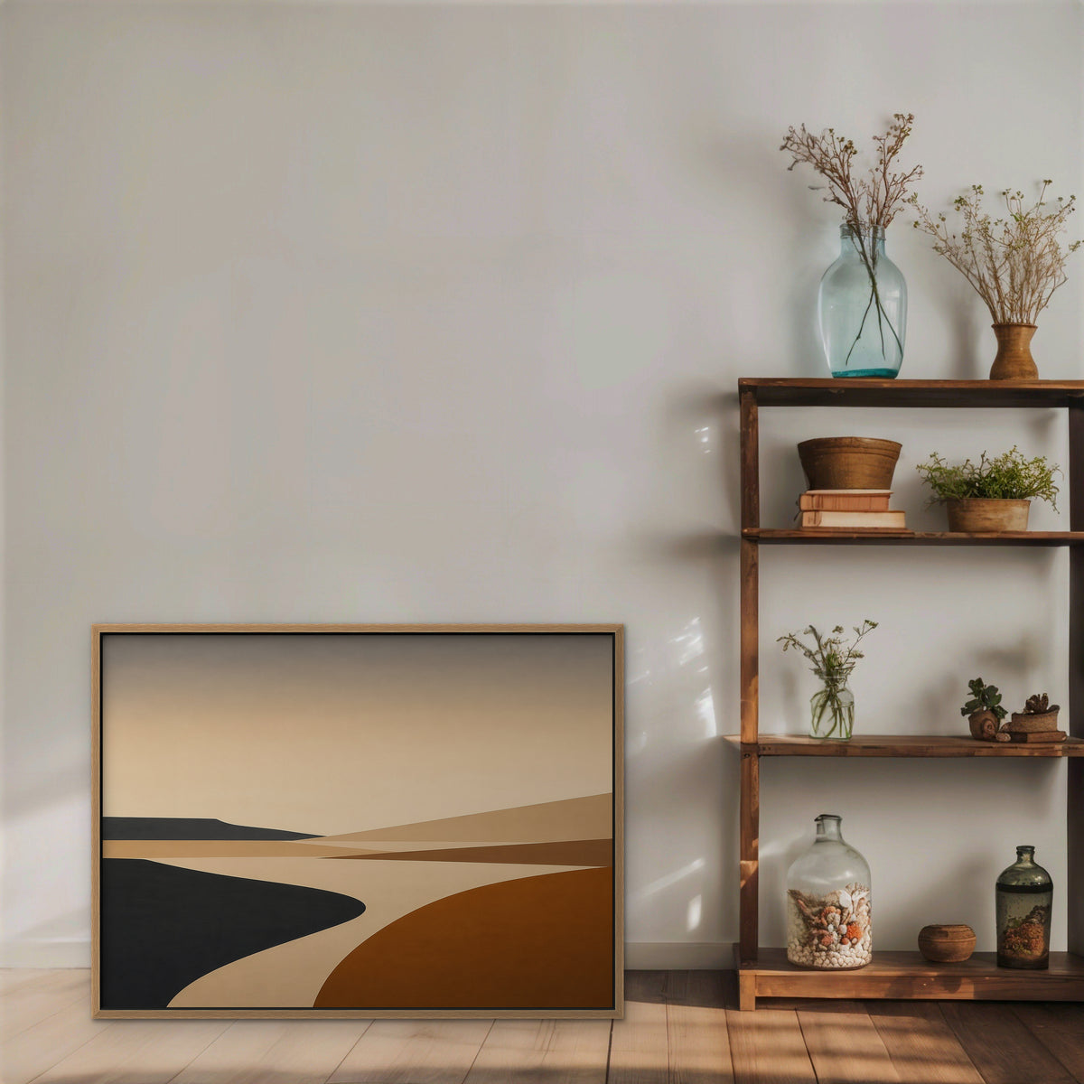 Caramel Desert Road Canvas Art – horizontal minimalist desert landscape print in an oak floating frame styled on a shelf