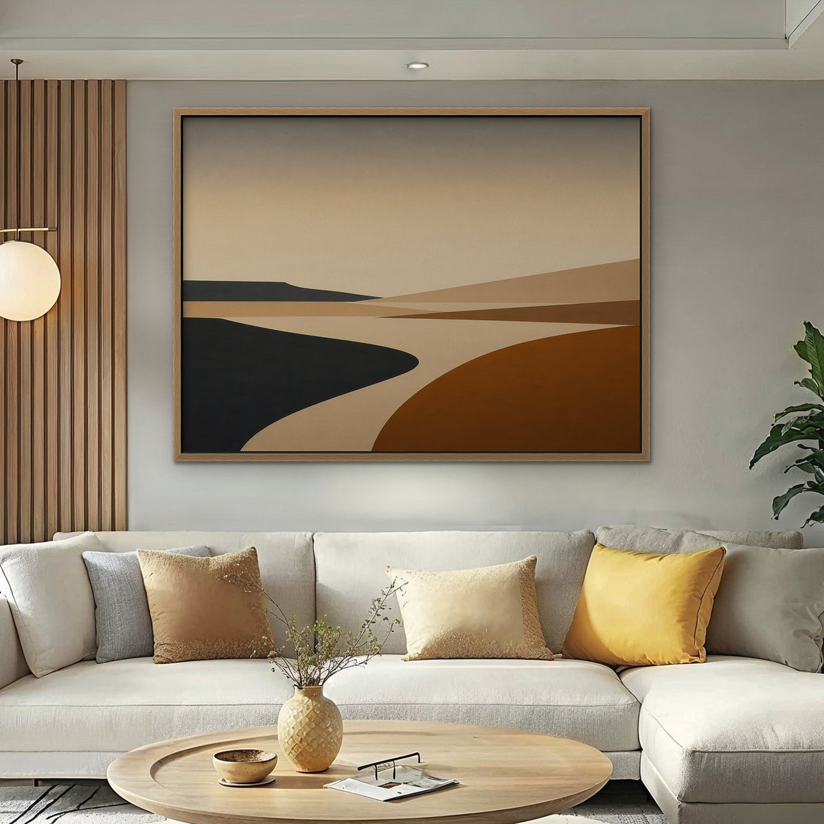 Caramel Desert Road Canvas Art – horizontal minimalist desert landscape print in an oak floating frame in a bright living room
