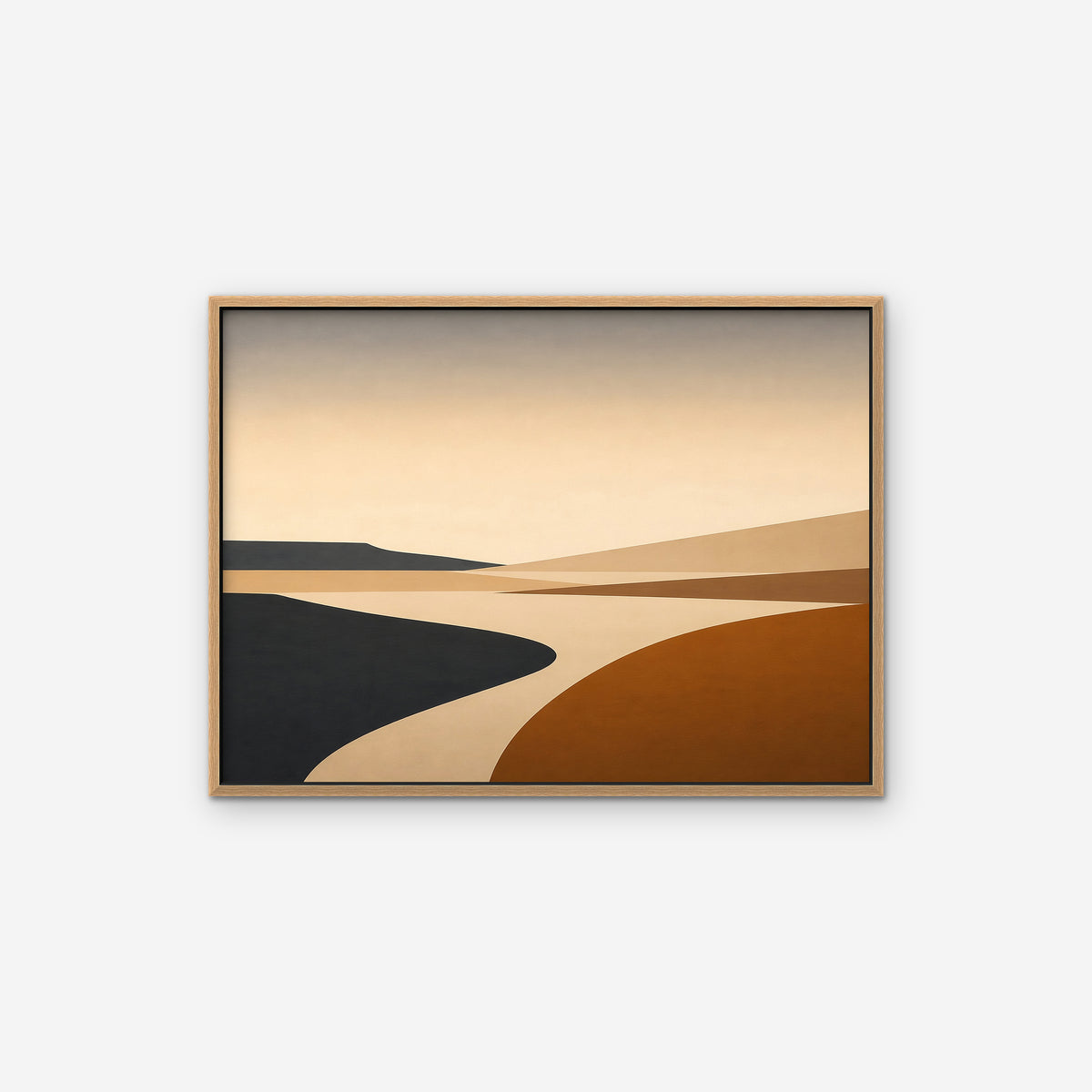Caramel Desert Road Canvas Art – horizontal minimalist desert landscape print in an oak floating frame on a white background