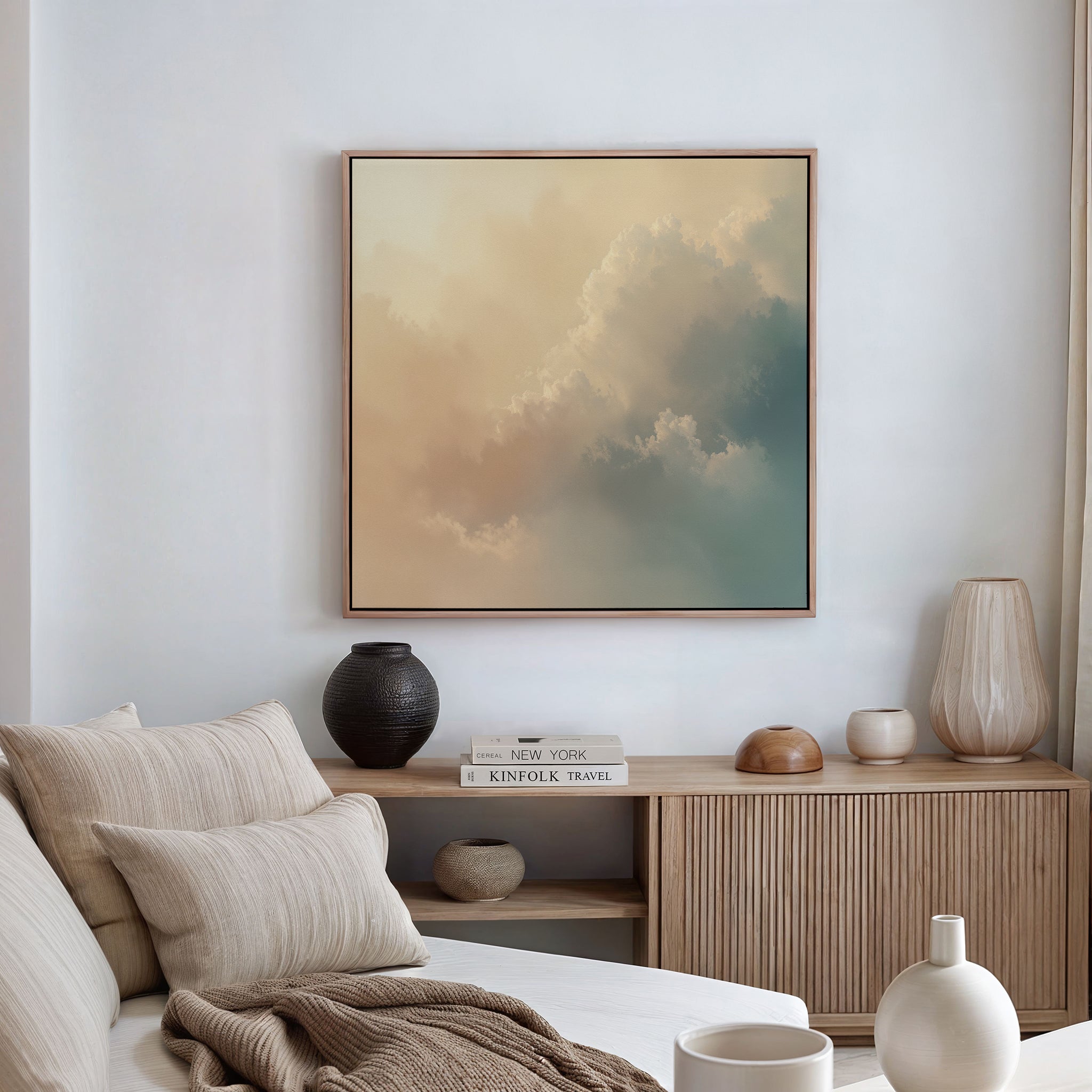 Whispers of a Champagne Sky Canvas Wall Art – beige and white cloud canvas wall art print by Aspire Prints