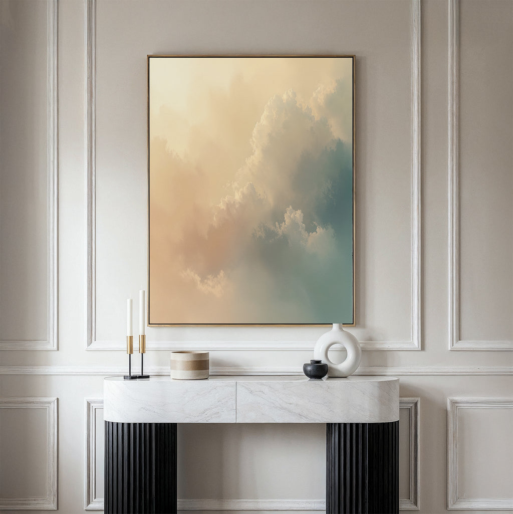 Whispered Skies at Dawn – beige and white cloud canvas wall art print by Aspire Prints