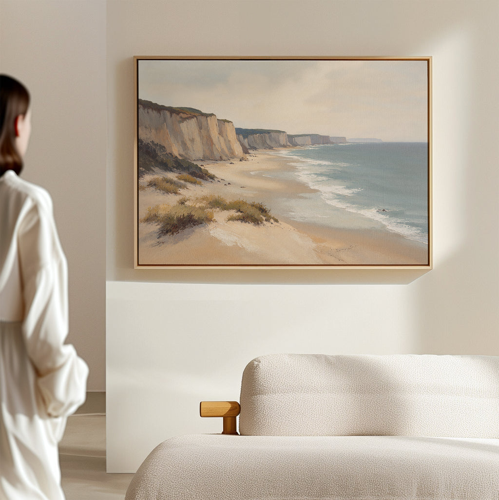 Whispering Cliffs at Tideline – blue vintage canvas wall art print by Aspire Prints