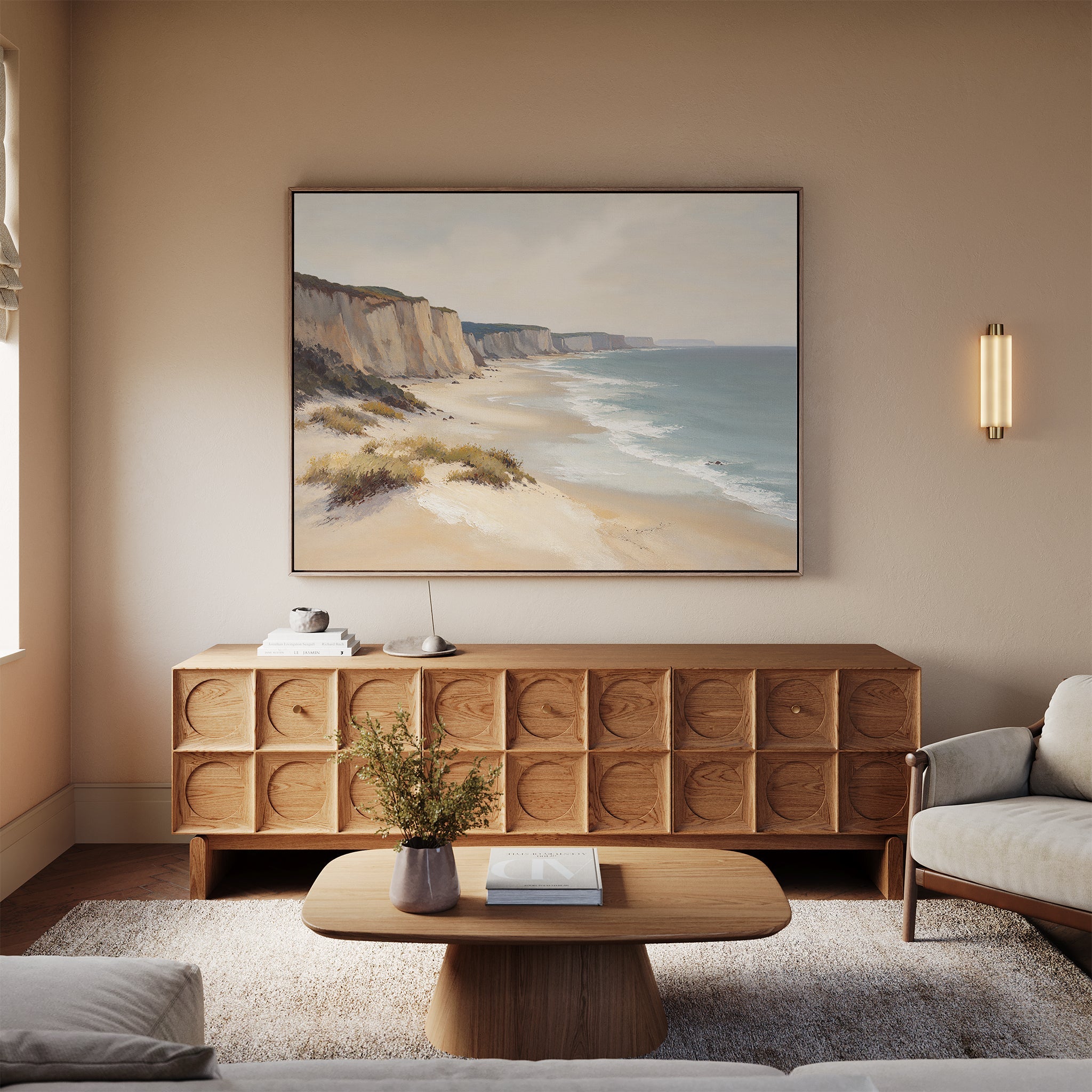 Whispering Cliffs at Tideline – blue vintage canvas wall art print by Aspire Prints