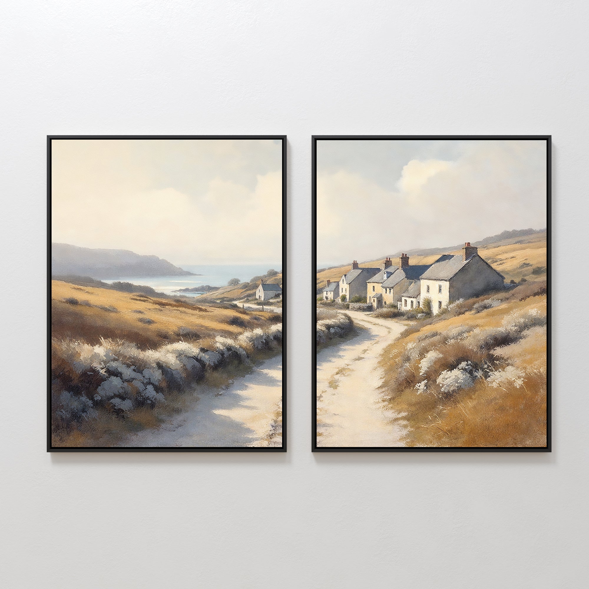 Amber Shores Whisper – Set of 2 Canvas Prints set of 2 – golden yellow vintage canvas wall art by Aspire Prints