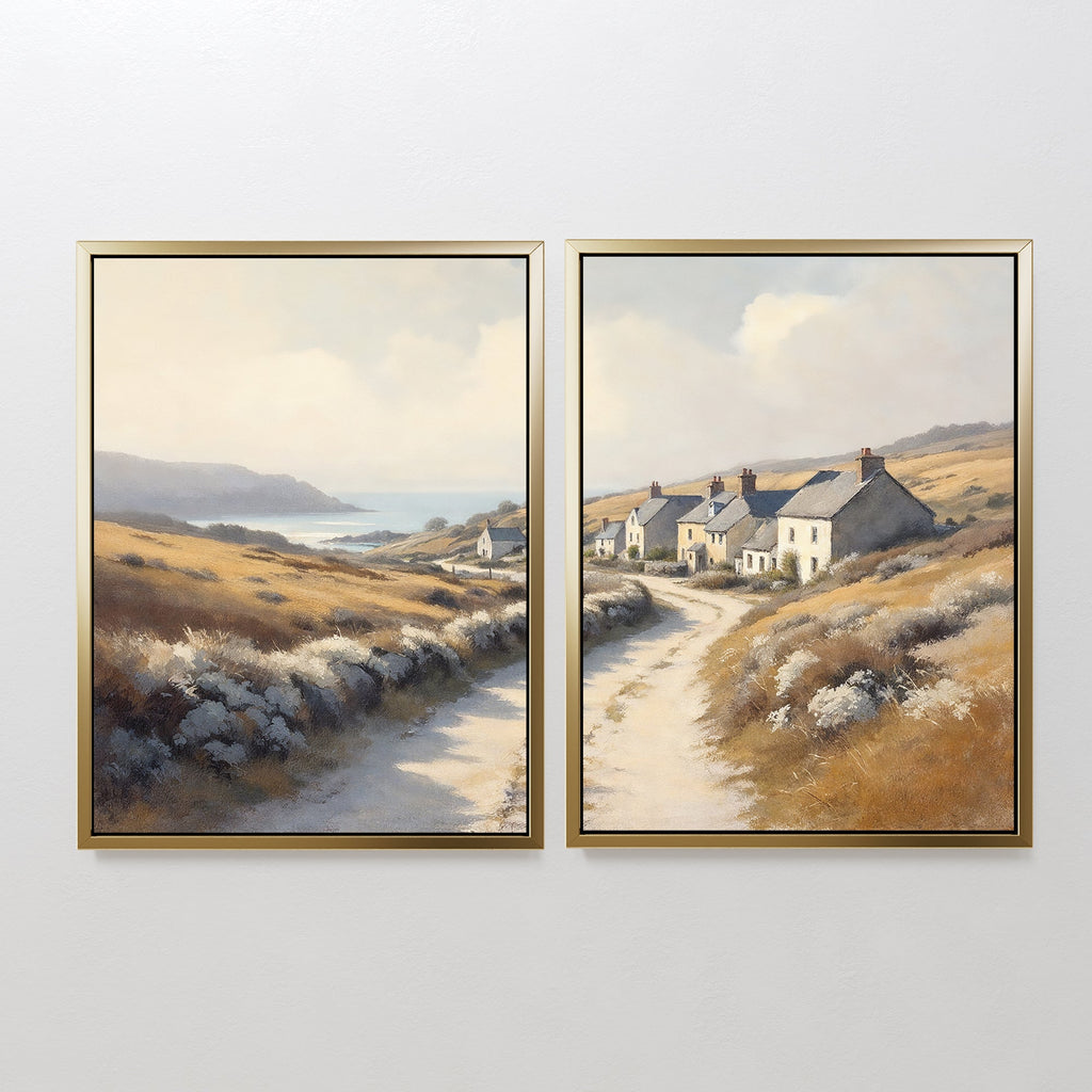 Amber Shores Whisper – Set of 2 Canvas Prints set of 2 – golden yellow vintage canvas wall art by Aspire Prints