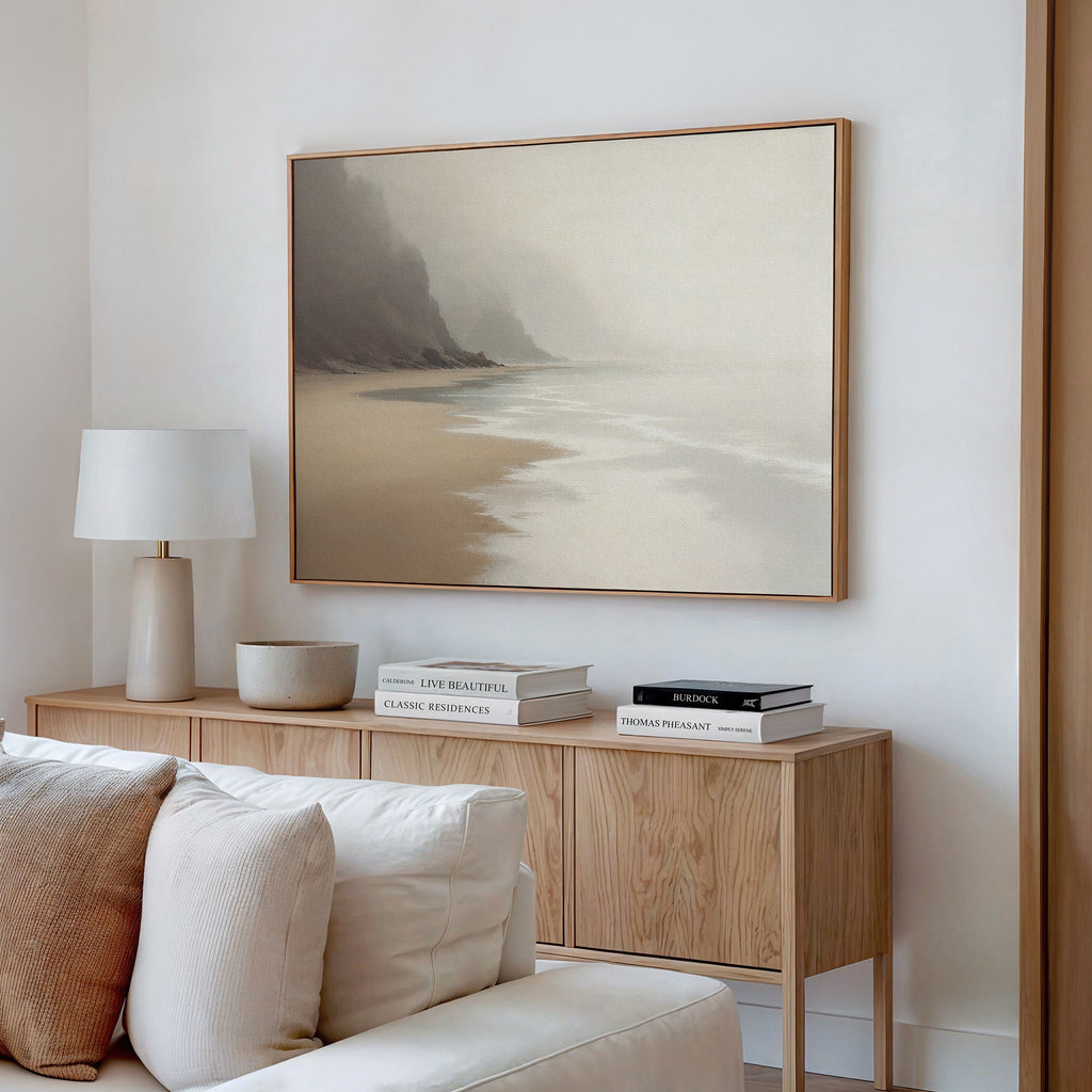 Whispering Tides at Driftwood Cove Canvas Print – beige and white coastal canvas wall art print by Aspire Prints