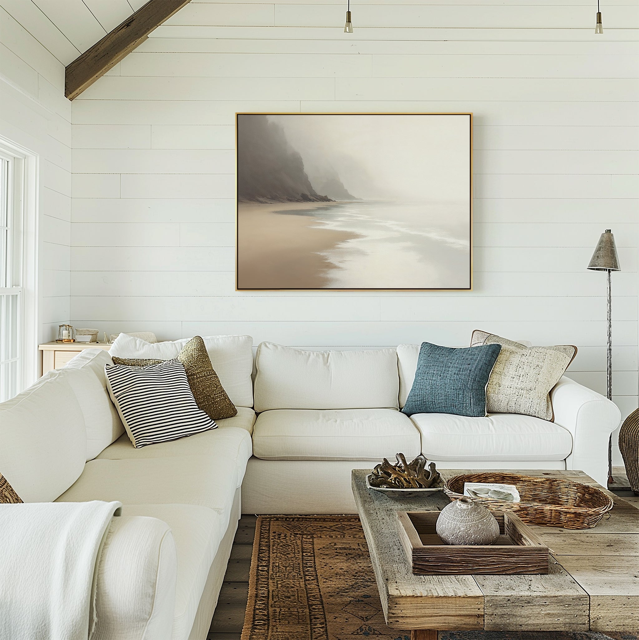 Whispering Tides at Driftwood Cove Canvas Print – beige and white coastal canvas wall art print by Aspire Prints