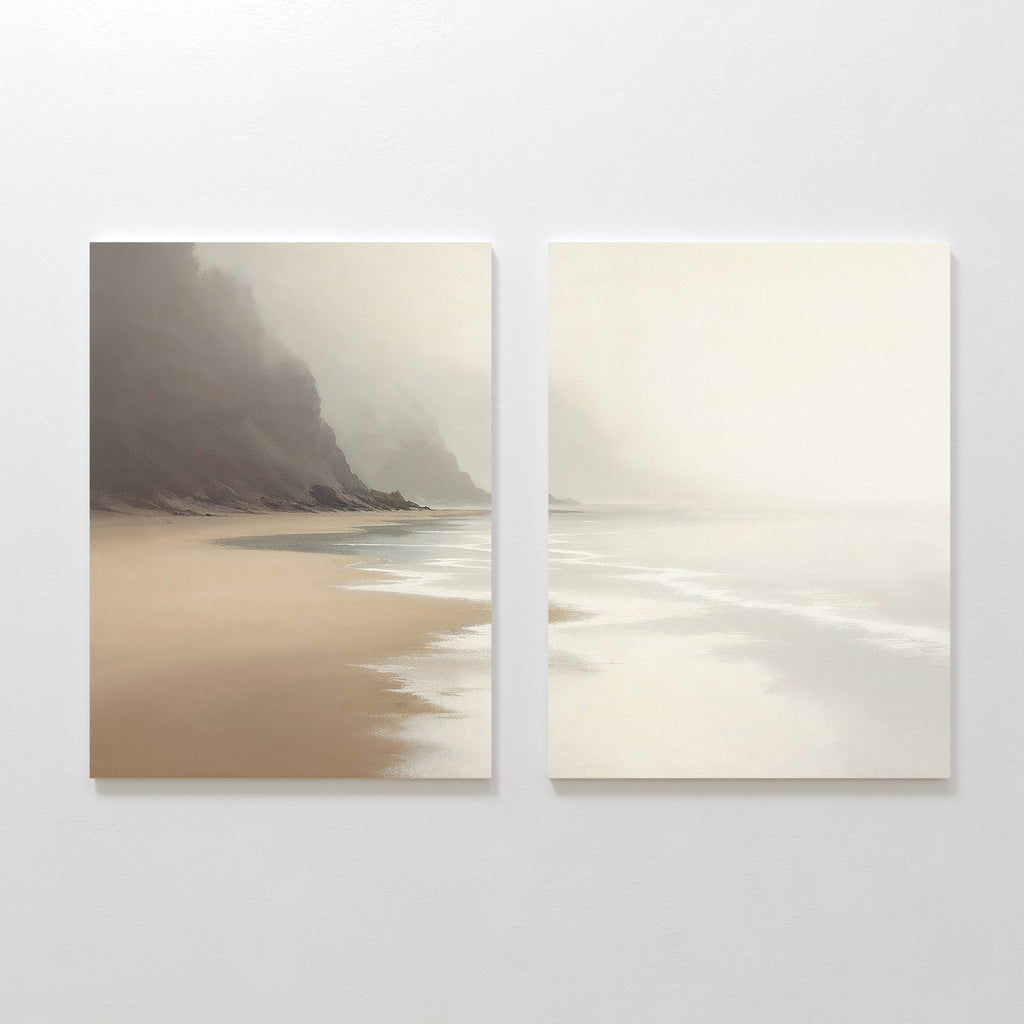 Whispering Tides & Quiet Shores – Set of 2 Canvas Prints set of 2 – beige and white coastal canvas wall art by Aspire Prints
