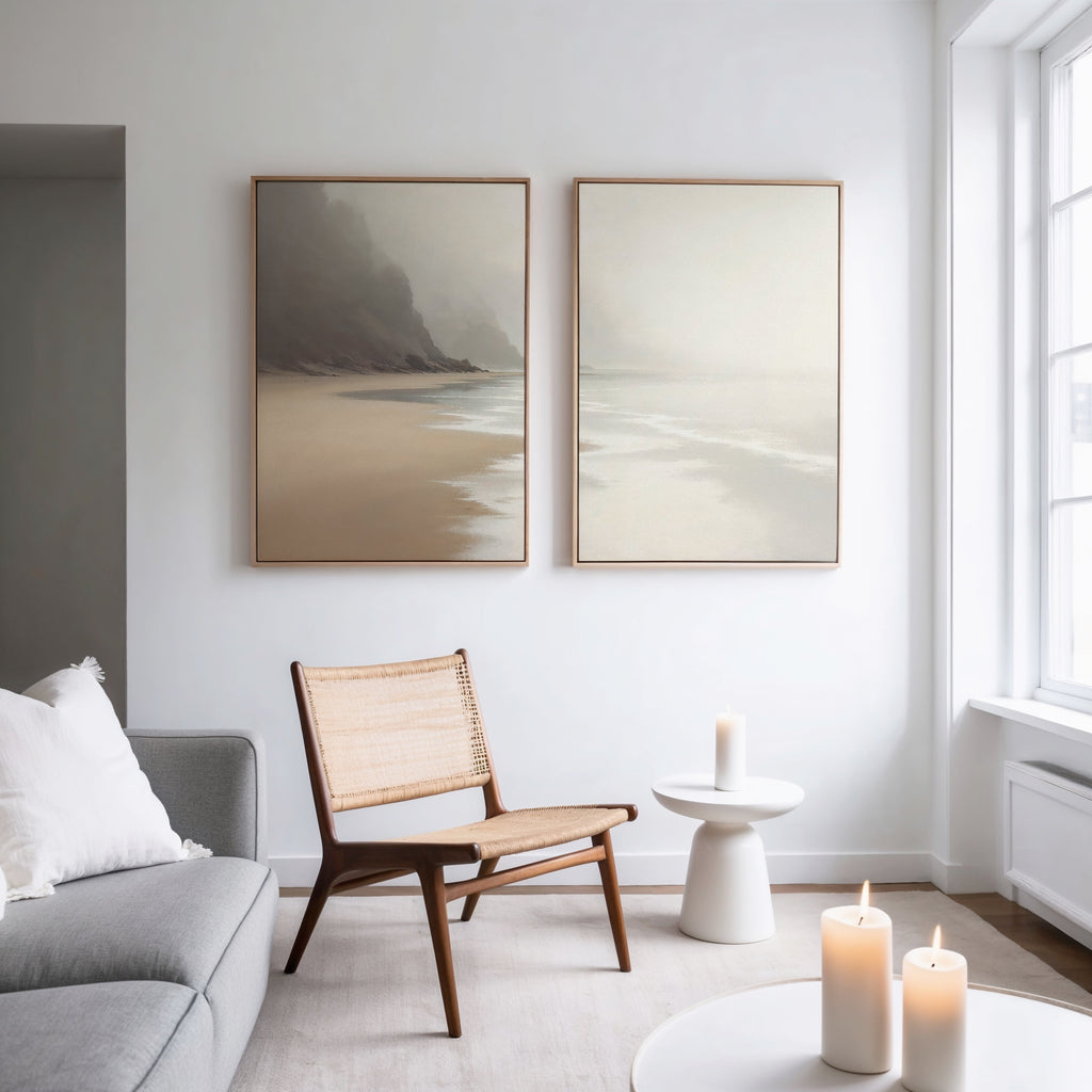 Whispering Tides & Quiet Shores – Set of 2 Canvas Prints set of 2 – beige and white coastal canvas wall art by Aspire Prints