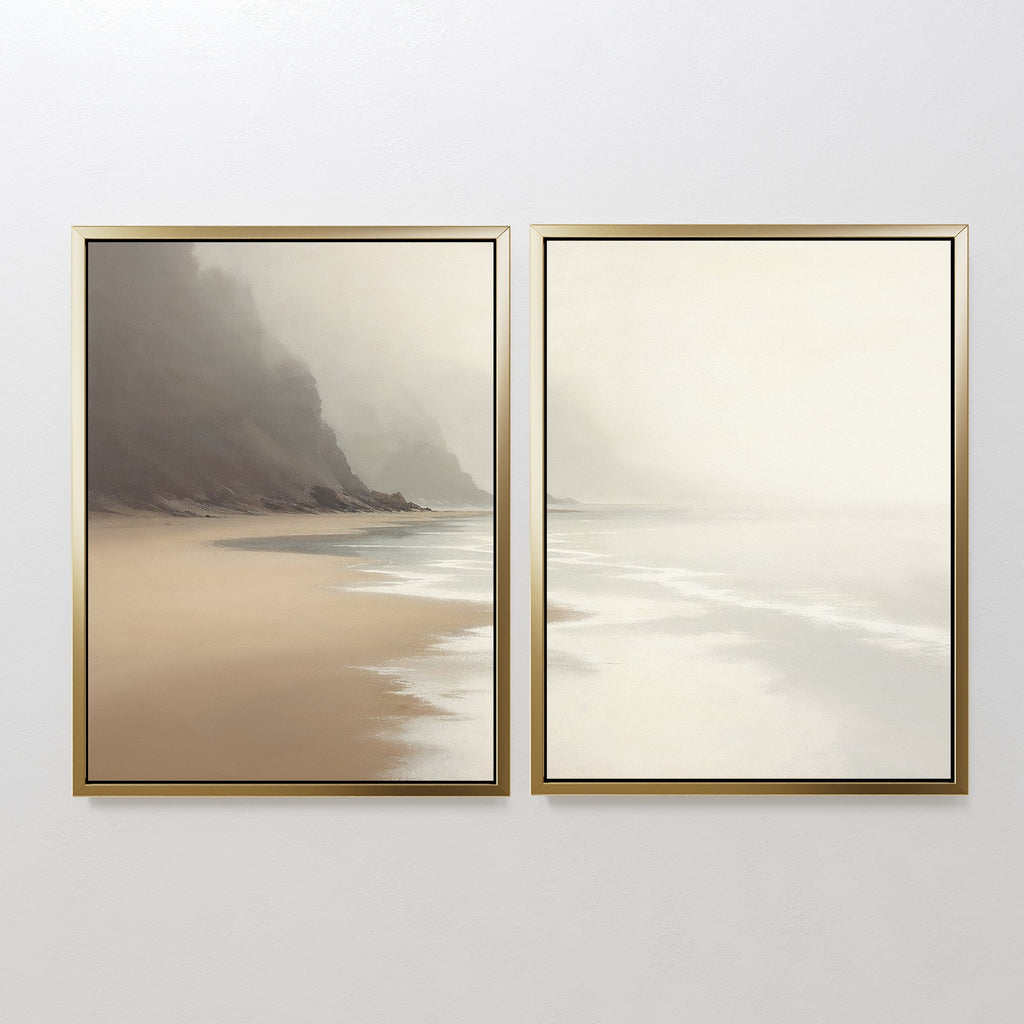 Whispering Tides & Quiet Shores – Set of 2 Canvas Prints set of 2 – beige and white coastal canvas wall art by Aspire Prints