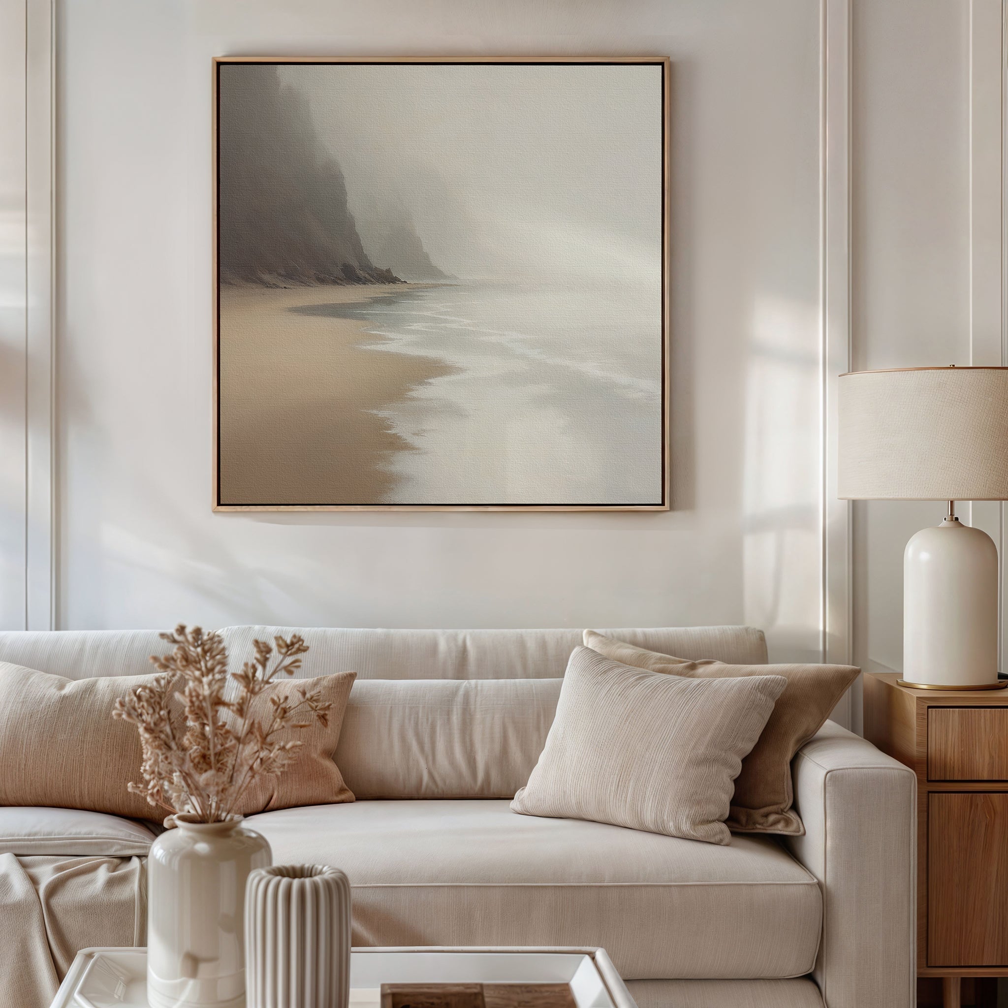 Whispers of the Tideline – beige and white coastal canvas wall art print by Aspire Prints