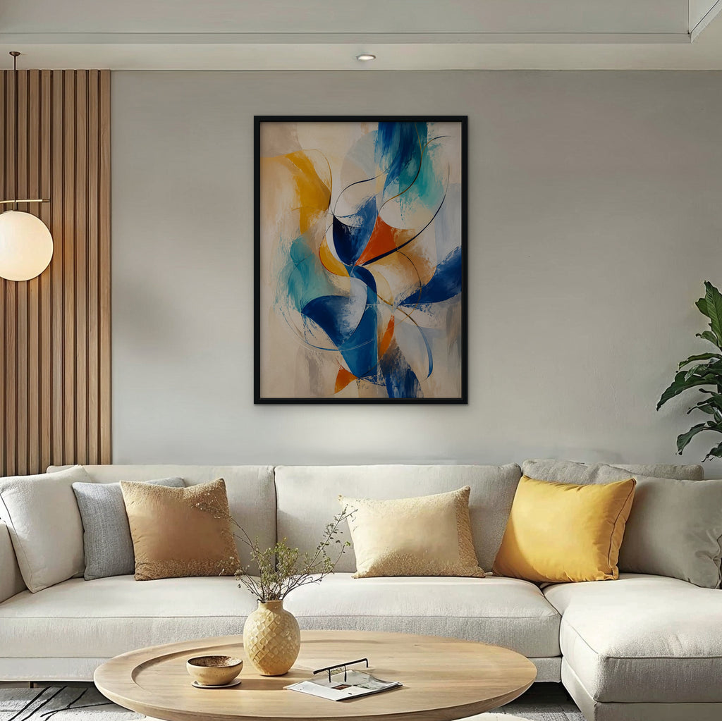 Cobalt and Saffron Swirl Canvas Art – vertical cobalt and orange abstract print in a black floating frame in a bright living room