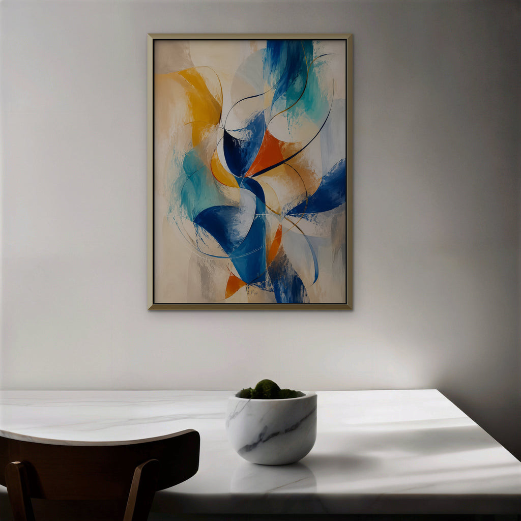 Cobalt and Saffron Swirl Canvas Art – vertical cobalt and orange abstract print in a gold floating frame in a dining room