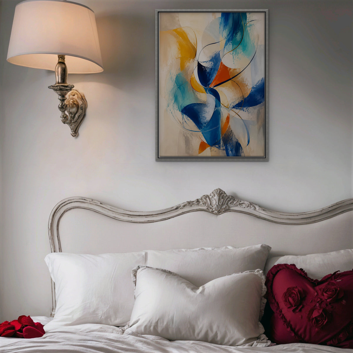 Cobalt and Saffron Swirl Canvas Art - Vertical – Silver Floating Frame in room setting