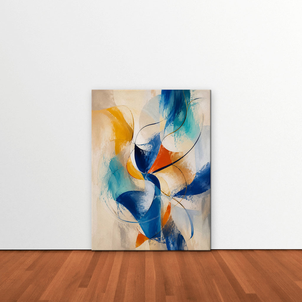 Cobalt and Saffron Swirl Canvas Art – vertical cobalt and orange abstract print as a gallery-wrapped canvas leaning against a white wall