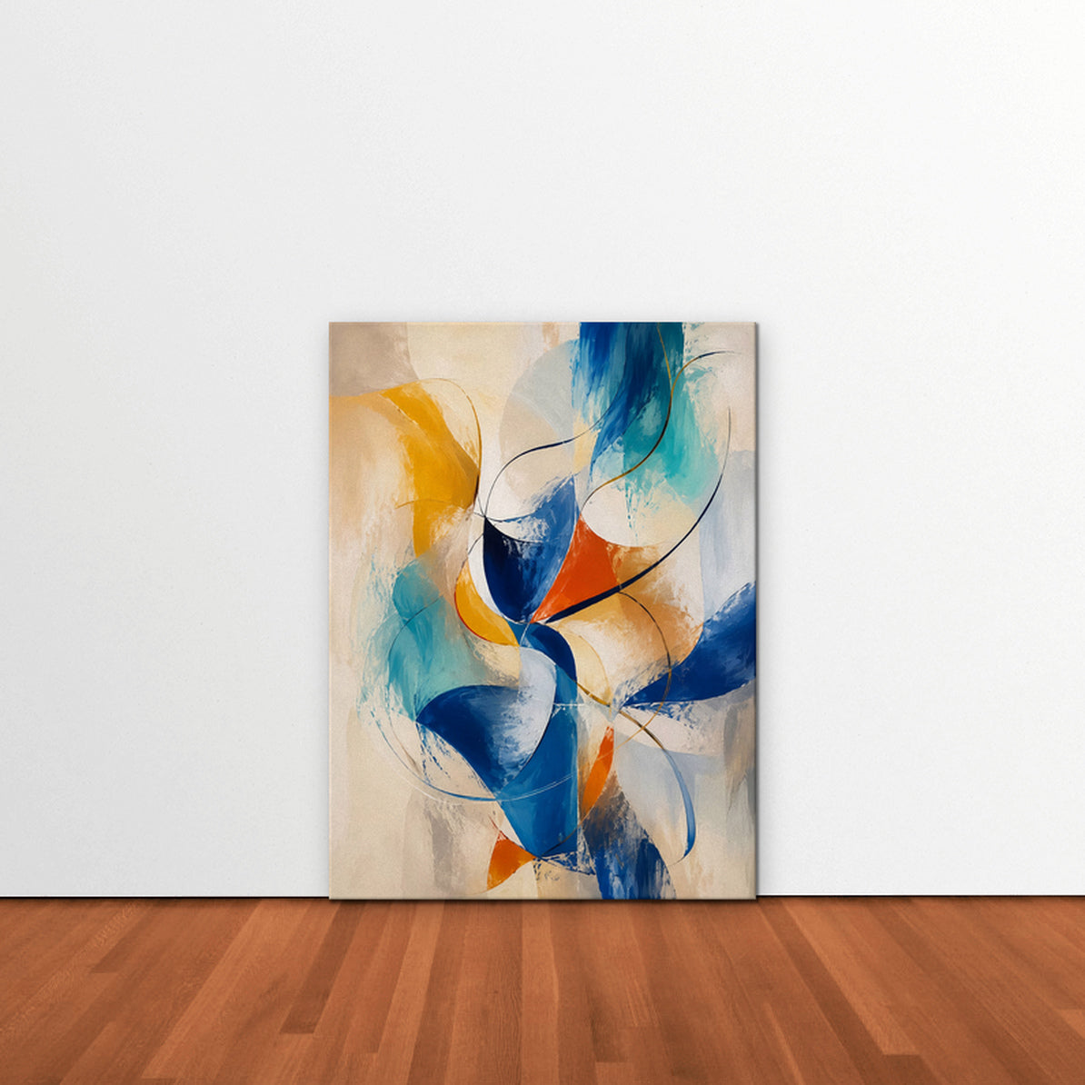 Cobalt and Saffron Swirl Canvas Art – vertical cobalt and orange abstract print as a gallery-wrapped canvas leaning against a white wall