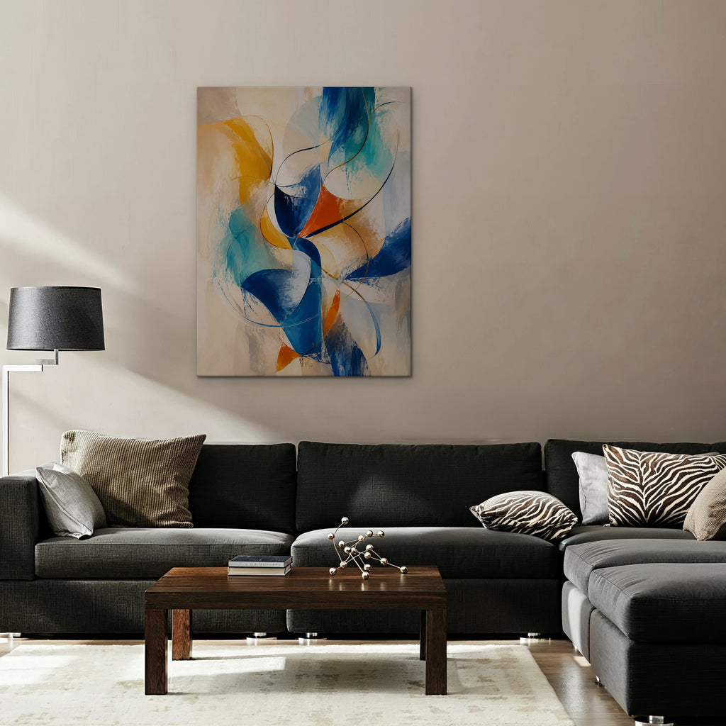 Cobalt and Saffron Swirl Canvas Art – vertical cobalt and orange abstract print as a gallery-wrapped canvas in a taupe living room